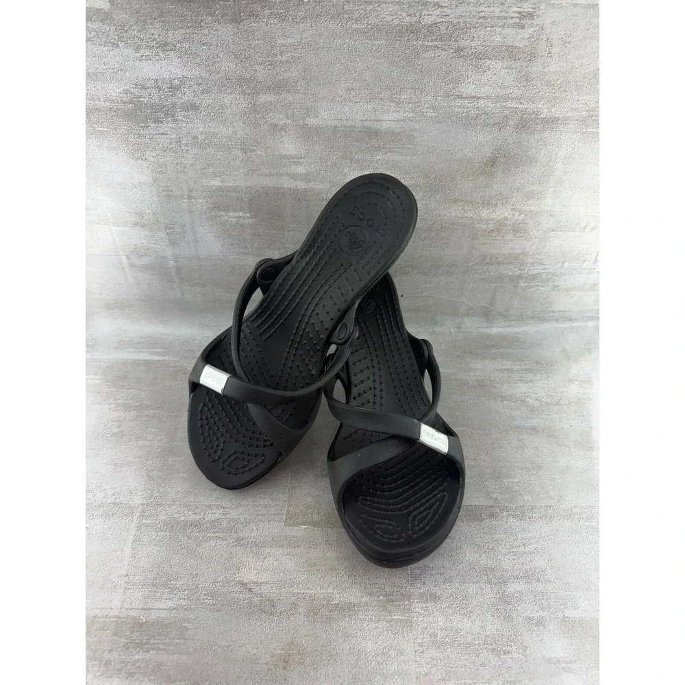 Crocs Cyprus II Black Strappy High Heel Sandals Women Size 8 Slip On Comfort